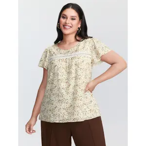 BloomChic Women's Plus Size Floral Print Lace Trim Blouse - Polyester Shortsleeve/Cap Sleeve Top with Smooth Patchwork Fabric, Flattering Fit, M-6X 2026 Summer Mother's Day Pick Womenswear