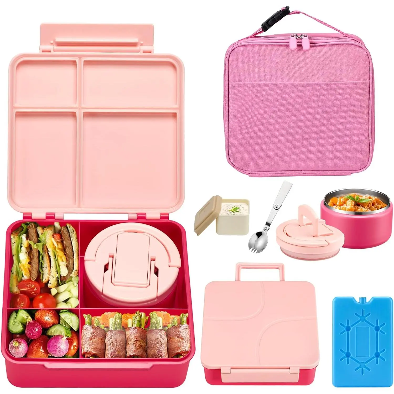 Bento Lunch Box with 8oz Soup Thermo, Leakproof 4 Compartment Lunch  Containers with Sauce Cup and Ice Pack, Thermo Insulated Hot  Jar and Lunch Bag for School,Trvael-