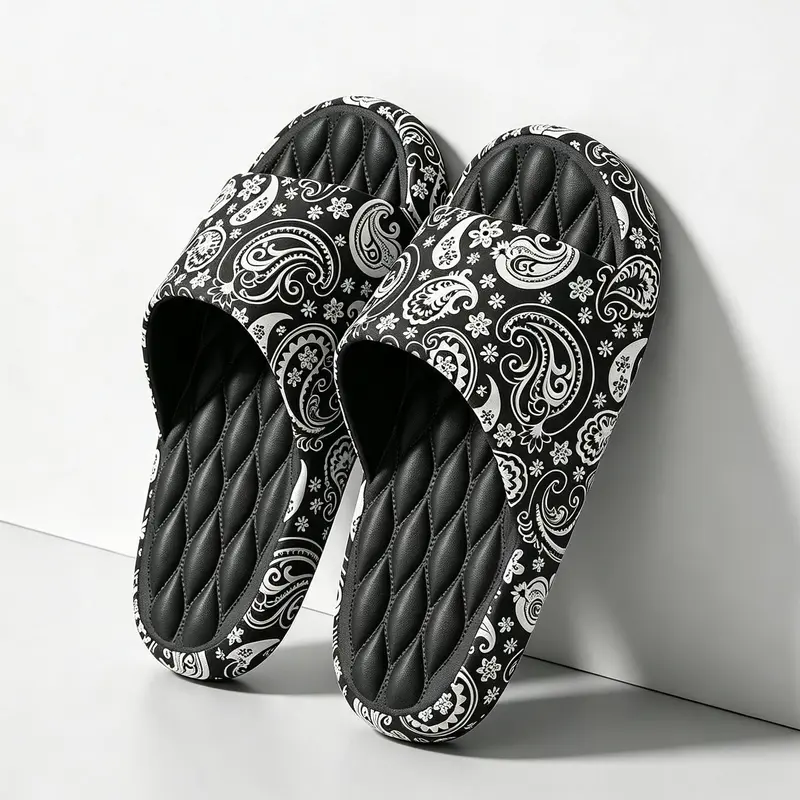 Men's Paisley Cloud Chunky Slide Footwear - Soft Quilted Footbed, Anti-Slip Outsoles Men's Fashion Slippers, Ankle-Cut Design, All Seasons Plus Size Indoor-Outdoor Casual Slippers