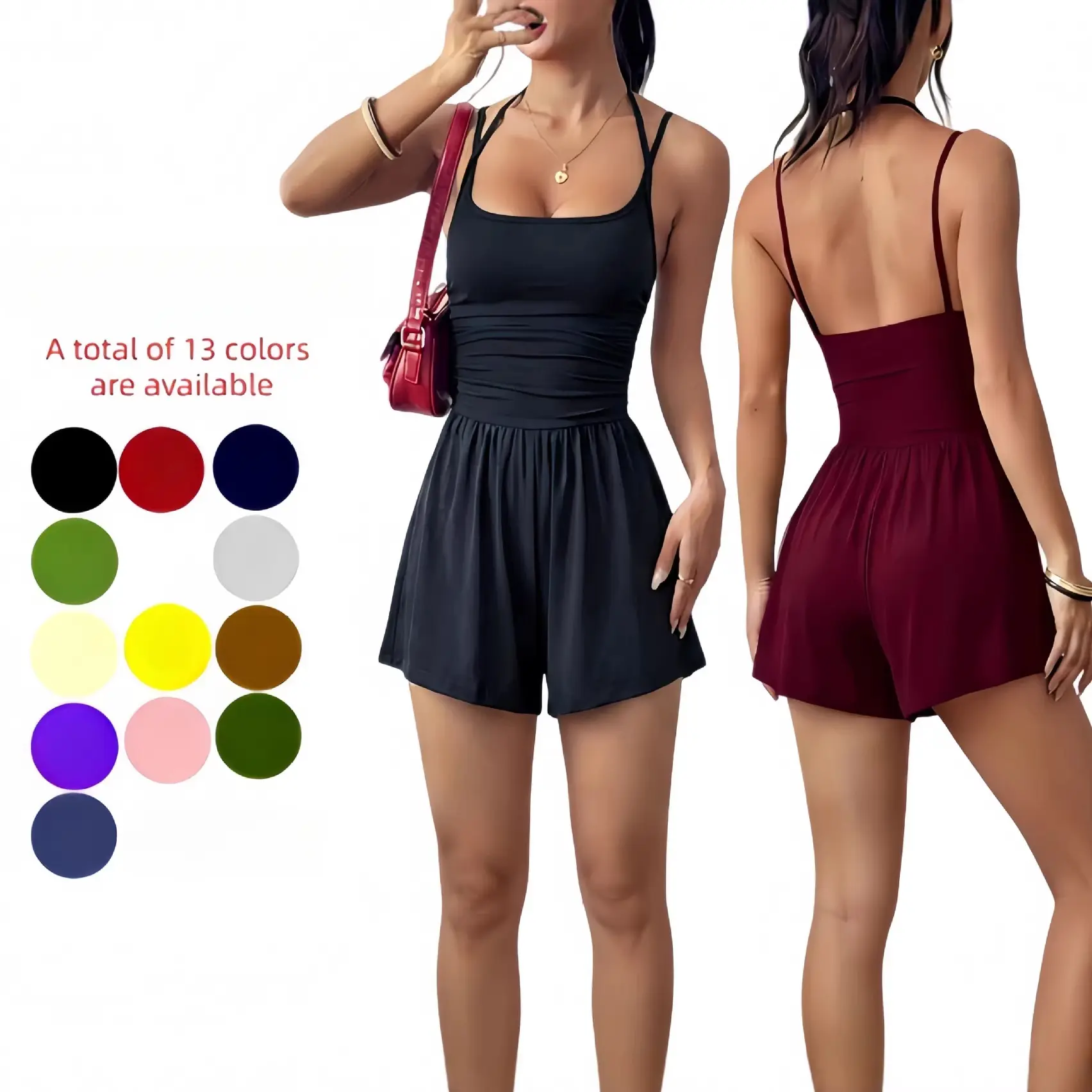 Women's Elegant Backless Spaghetti Strap Romper Overalls, Smocked Bodice Slim Fit Casual Jumpsuit for Cocktail Party, Bridesmaid