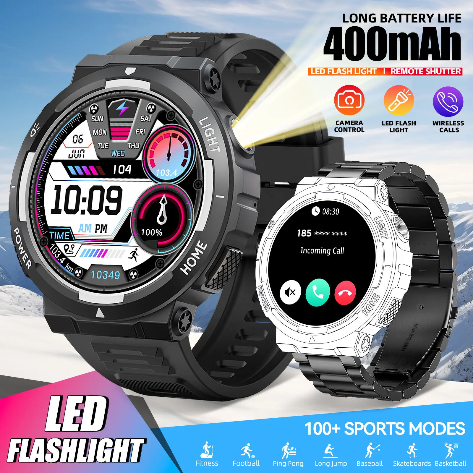 EIGIIS Men's Rugged Military Smart Watch, 1.53" HD Touch Screen Outdoor Tactical Fitness Tracker with Built-in LED Flashlight, Bluetooth Call/Text, 3ATM Waterproof for iPhone & Android Smart Watches