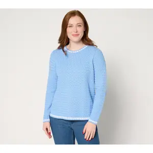 QVC Women's 100% Cotton Basket Stitch Sweater with Novelty Tipping