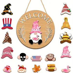 1 Set Gnome Wooden Decorative Plaque & Ornament Welcome Round Door Hanger Interchangeable Seasonal Decor Suitable for Homes, Offices & Cafes Decoration for Thanksgiving, Halloween & Christmas Party Decoration Supplies