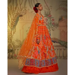 Tangerine anarkali and lehenga set