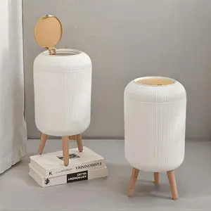 Modern Round Trash Can, 1 Count Wood Grain Design Trash Can with Silent Closing Lid, Bathroom Trash Can for Bathroom & Living Room, Household Waste Bin, Kitchen Trash Can, Wooden Home Supplies, Trash Storage Can, White