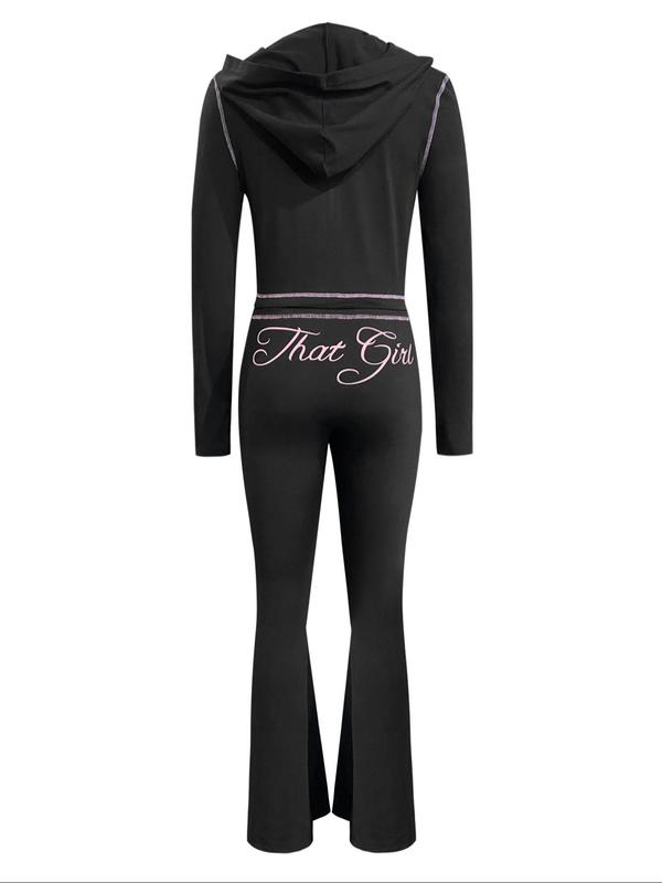 【LovelyWholesale】Women's Casual Sporty Cute Colorblock Print Zipper Design Top Flared Long Pants Set, Lovely Wholesale Us Fashion