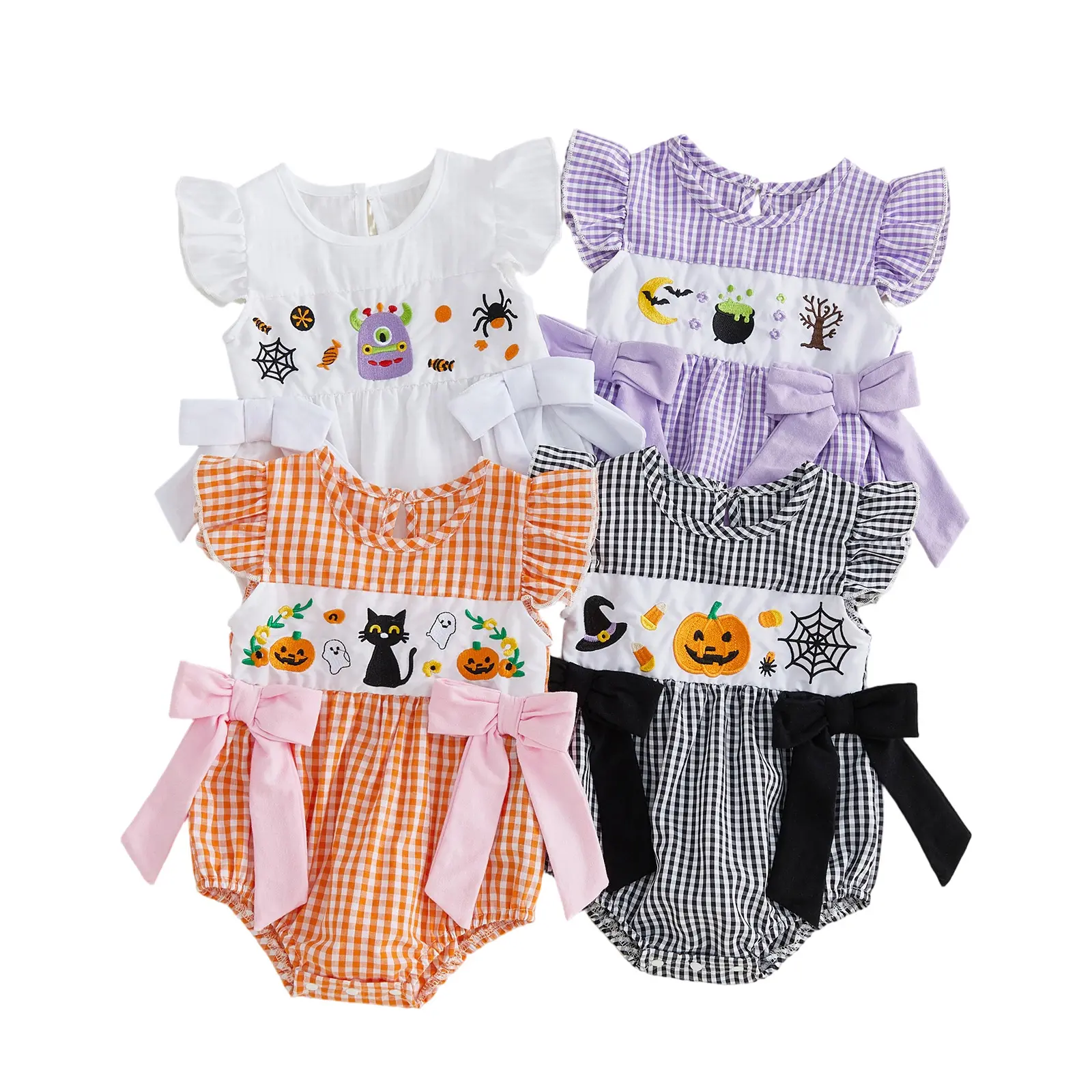 Infant Baby Girl Halloween Plaid Romper Pumpkin Witch Hat Embroidery Flying Sleeve Jumpsuit with Bow 0-18 Months