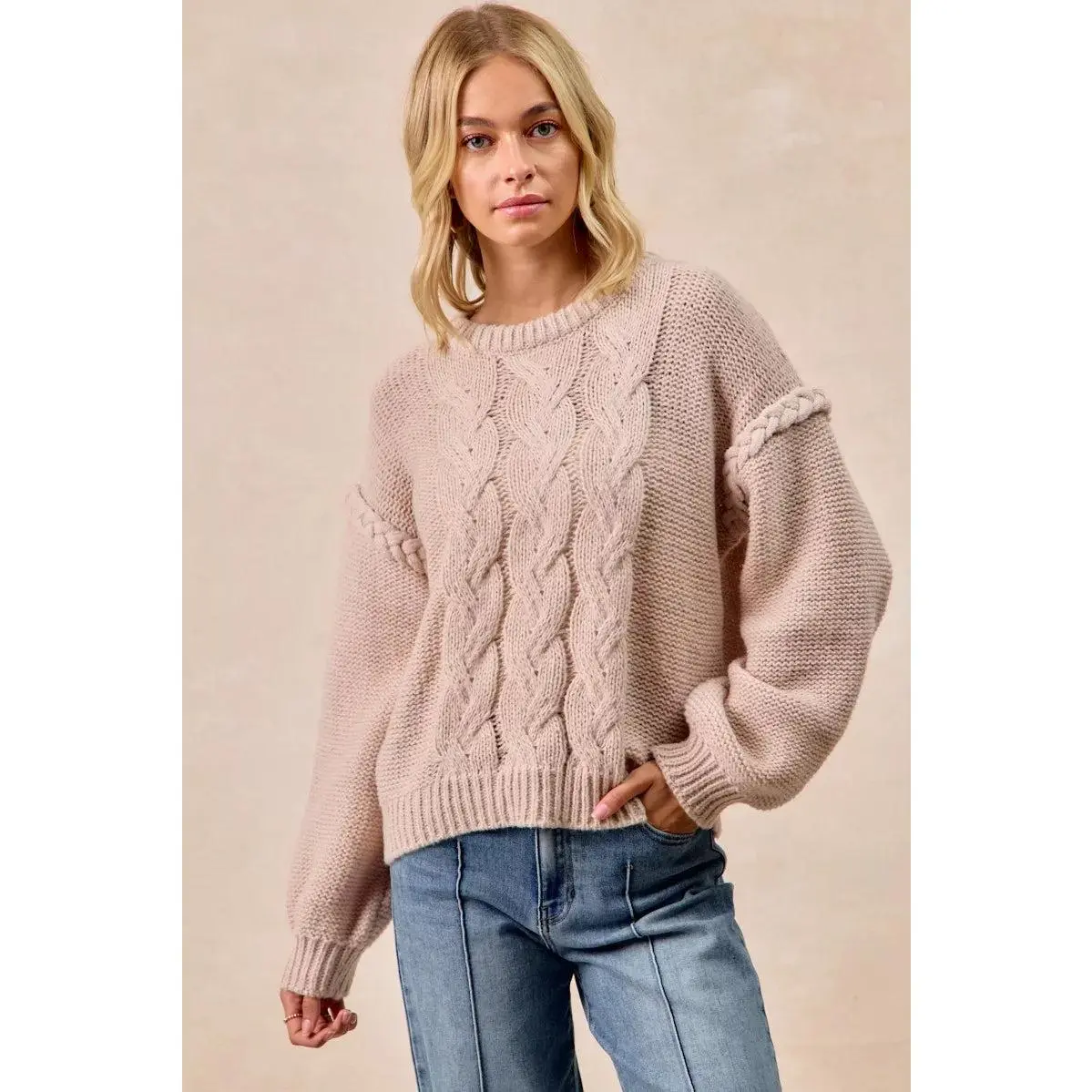 BiBi Cable Knit Sweater with Shoulder Braid Detail
