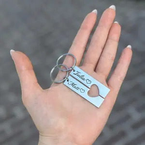 Personalized Engraved Couple Keychain Set - Heart Keychain with Engraved Design and Gold Finish