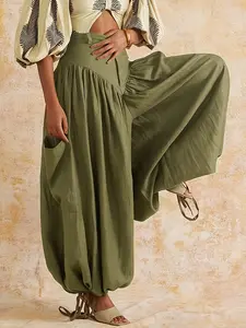 YT Women's Solid Color High-Waist Casual Pleated Cuffed Pants with Practical Large Pockets, Loose Fit Flared Pants, Harem Pants, Cargo Pants