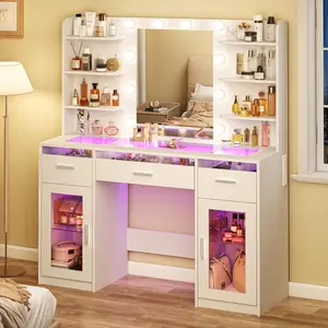 Vanity Desk, Makeup Vanity Desk with Mirror and Lights 3 Colors, Transparent Top with 3 RGB Drawers, 6 Shelves, 2 Large Tempered Cabinets, Power Outlet, for Bedroom, White