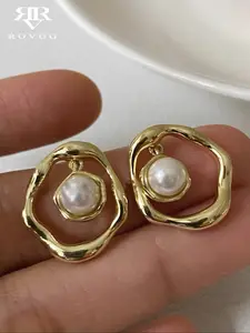 Women's Elegant Asymmetric Geometric Solid Faux Pearl Stud Earrings, Fashionable All-Season Jewelry for Daily Wear & Commuting