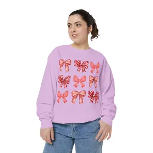 Pink Ribbon Bow Grid Sweatshirt — Cute Feminine Holiday Pullover