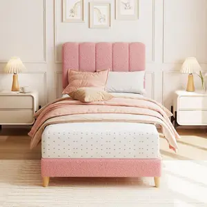 Twin XL Boucle Upholstered Platform Bed Frame with Curved Upholstered Headboard, Low-Profile Sturdy Design, Wooden Slats, No Box Spring Needed, Easy Assembly, Pink Bedframes for Kids