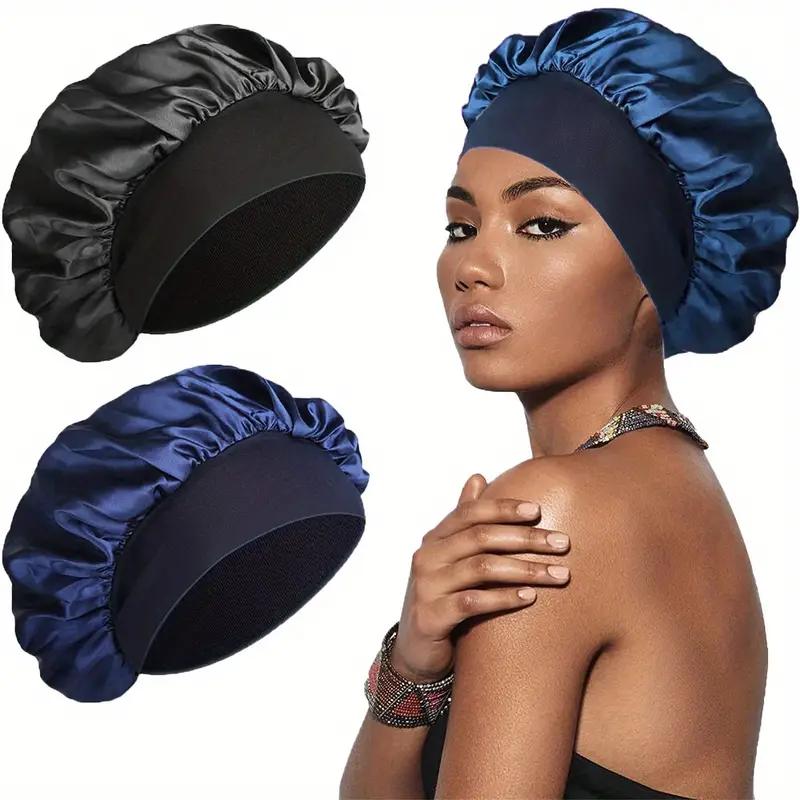 Luxury Satin Shower Cap Waterproof Double Layer Bonnet with Adjustable Elastic for Frizz Control Night Sleep & Hair Protection in Red Pink Black & Navy