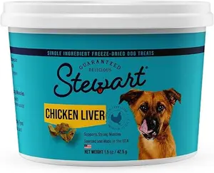 Stewart Freeze Dried Dog Treats, Chicken Liver, 1.5 oz, Grain Free & Gluten Free, Resealable Tub, Single Ingredient, Training Treat in Beef Liver, Salmon, Chicken Liver & Chicken Breast 4, 14, 21oz