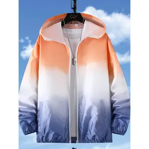 Men'S Lightweight Gradient Color Hooded Jacket - Summer Loose Fit Zipper Front Casual Outdoor Fishing Coat, White to Orange Ombre Design, Fishing Gear, Thin Windproof Fabric Menswear Tops