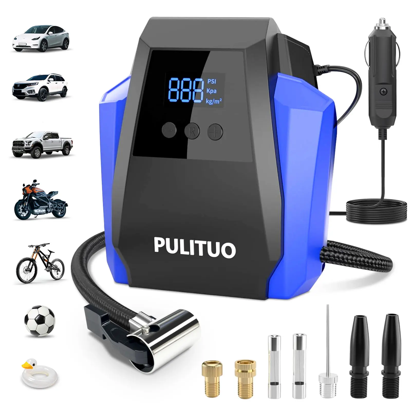 PULITUO 12V DC Portable Tire Inflator Utility Pump, Smart Digital Display, 60-Second Fast Inflation for Cars, Motorcycles, Bicycles, Multiple Colors, Portable Tire Inflator Utility Pumps