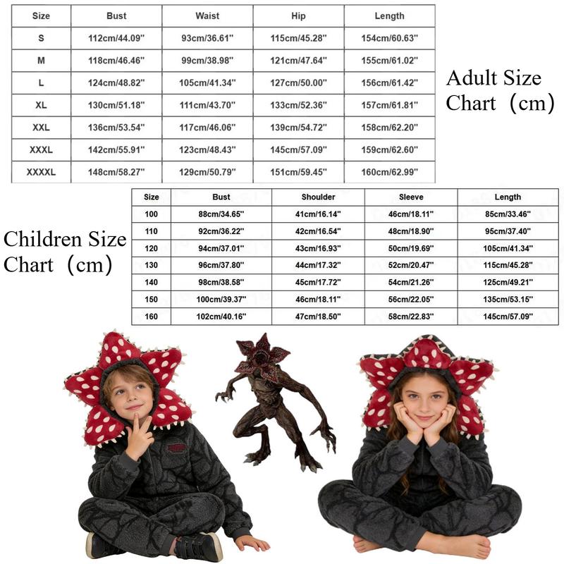 Stranger Things Demogorgon Onesie Fleece Fabric Cosplay Costume Pajamas Kids Adults Hooded Jumpsuit Christmas New Year Sleepwear for Boys and Gilrs Upside Pjs