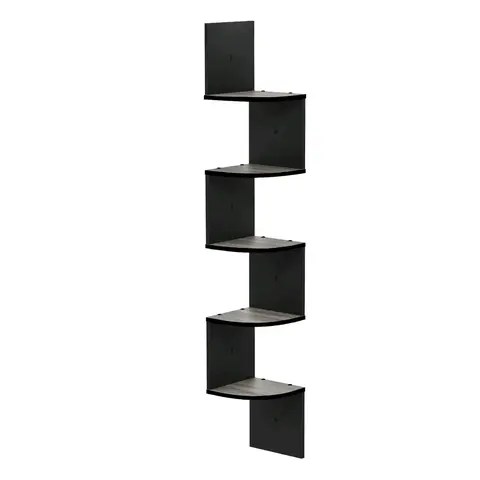 Wall Mount Floating Corner Shelf, 5-Tier, French Oak Grey/Black, Shelf For Wall, Space Saving Design