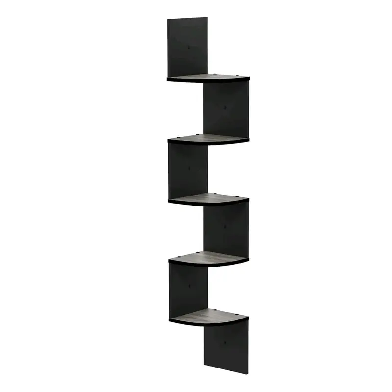 Wall Mount Floating Corner Shelf, 5-Tier, French Oak Grey/Black, Shelf For Wall, Space Saving Design