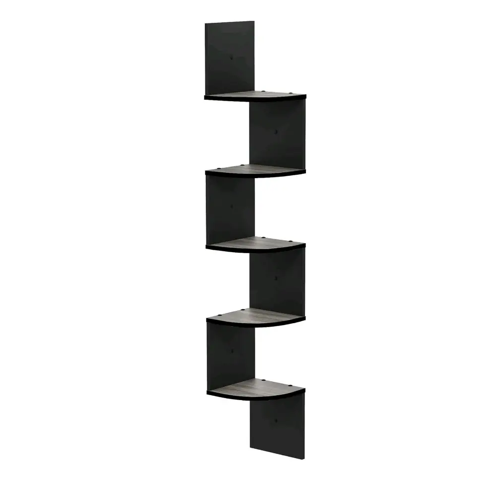 Wall Mount Floating Corner Shelf, 5-Tier, French Oak Grey/Black, Shelf For Wall, Space Saving Design Wall Mount Floating Corner Shelf, 5-Tier, French Oak Grey/Black, Shelf For Wall, Space Saving Design