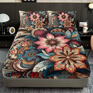 3pcs Boho Mandala Floral Bedding Set, Includes 1 Fitted Sheet and 2 Pillowcases, High-Quality Print, Home Dorm Room Decor