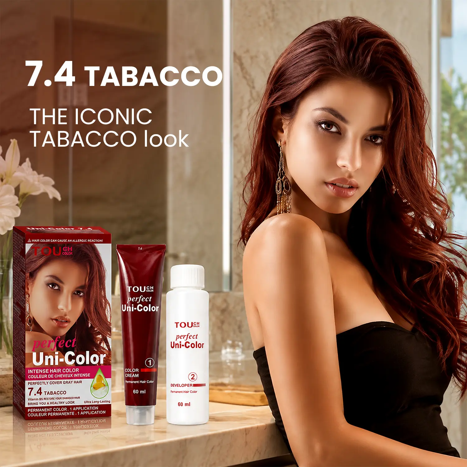 UNI COLOR 7.4 Tabacco Warm Copper Brown Permanent Hair Color Kit, Rich Vibrant Multi Tonal Color, 120 mL Cream Dye and Developer, 1 to 1 At Home Color, 1 Application
