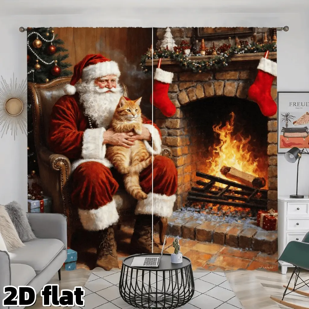 2D Flat 2Pcs Christmas Holiday Scene Curtain Panels, Traditional Santa and Cat by Fireplace Print, Semi-Sheer Polyester Fabric, Festive Home Decor for Living Room Bedroom Kitchen Study, Holiday Window Treatment, Home Decoration Curtain