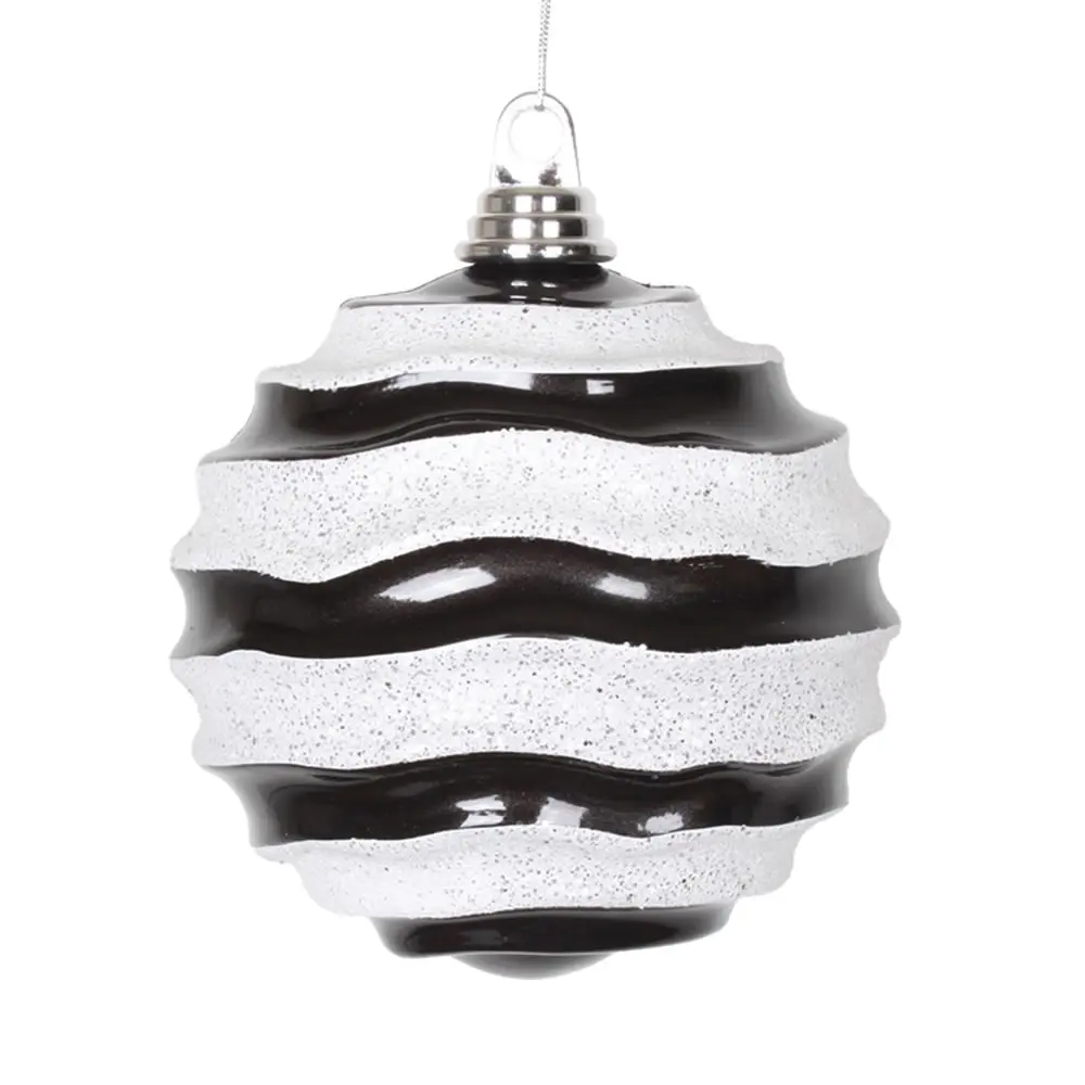 212 MAIN 6 in. Round Plastic Modern Christmas Ball - Hanging Home Decor Ornament, Party Decoration, Black-White Candy Wave Print, Glitter Finish, Suitable for All Ages
