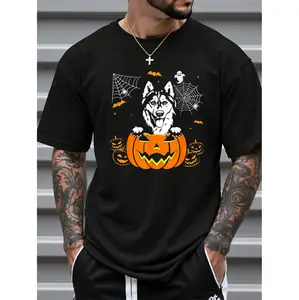 Playful Siberian Husky and Jack O Lantern Halloween Tee for Dog Lovers Unisex Short Sleeve Round Neck Shirt with Spooky Design Perfect for Costumes and Daily Wear