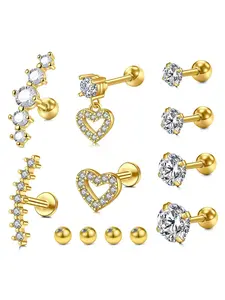 12pcs Stainless Steel Ear Rings, Tragus Cartilage Hoops, Hollow Heart Design, 16g Body Piercing Jewelry, Comfortable & Trendy