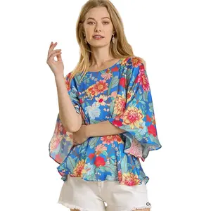 UMGEE FLORAL PRINT PLEATED ROUND NECK PEPLUM HEM KIMONO 3/4 SLEEVE TOP