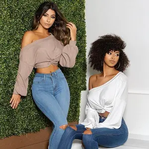 Oblique Shoulder Top - Elegant One Off Shoulder Crop Top with Puff Sleeves & Knotted Front for Autumn Style