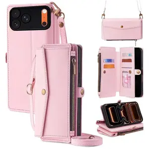Crossbody iPhone Wallet Case, Bag Case – Zip Wallet+Card Holder, Fits Cards & Cash, Black/White/Pink/Red, Hands-Free Strap for iPhone 12 13 14 15 16 17 Pro Max Plus