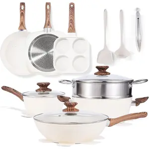 NEWBULIG 17-Piece Cookware Set, Nonstick & Non-Toxic Pots and Pans with Stay-Cool Handles, Induction Compatible, Cream White