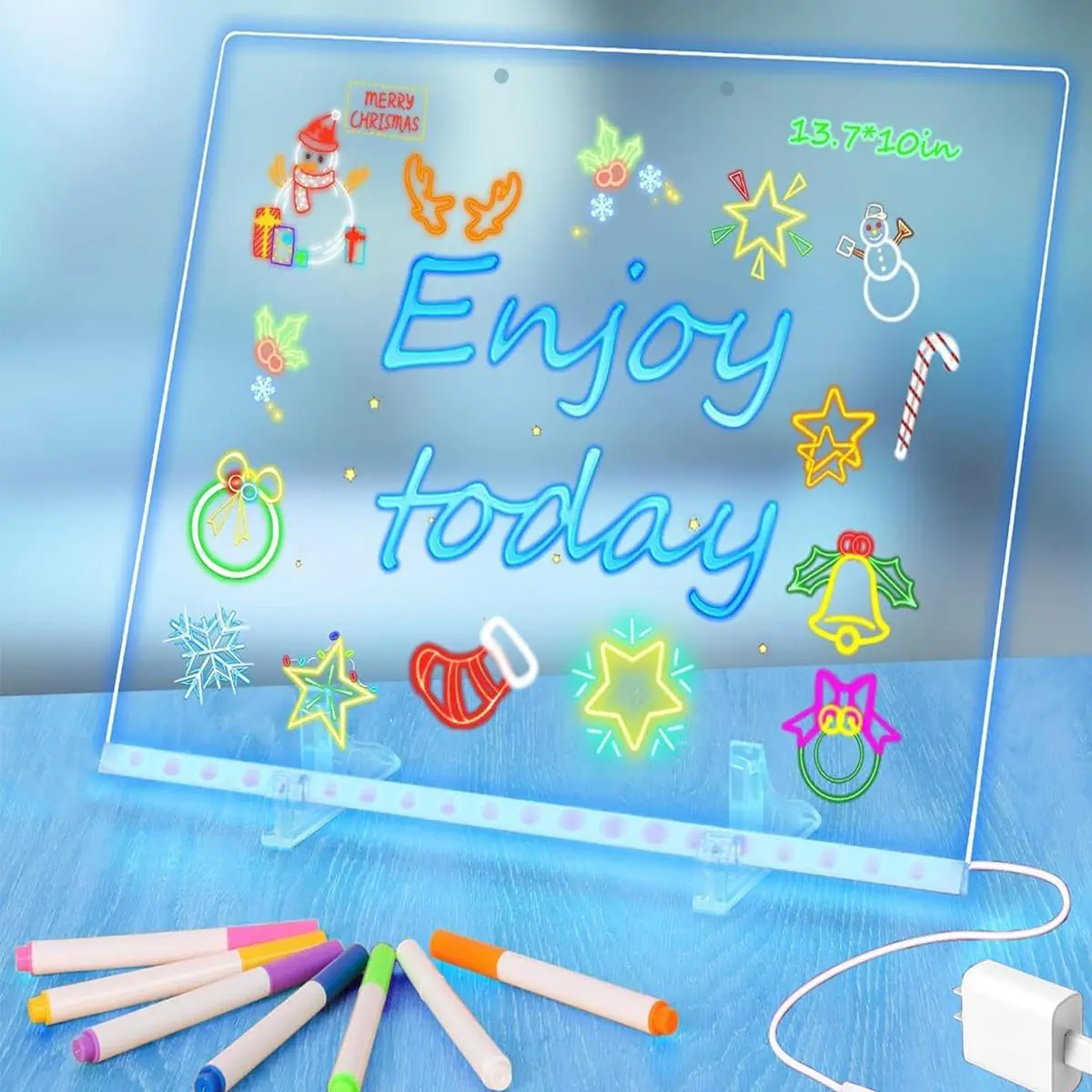 【Deals For You Days】Medium Size Portable Lighted Drawing Board Kit - Art Drawing Supplies, 7-Color RGB LED Lights with 4 Modes, 2 Invisible Stands, 7-Piece Art Marker Pen Set, Reusable Dry-Erase Board for Home, Office, Transparent