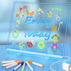Medium Size Lighted Drawing Board Kit  – 7-Color RGB LED Lights with 4 Modes, 2 Invisible Stands, 7 Markers, Reusable Dry-Erase Board for Home/Office