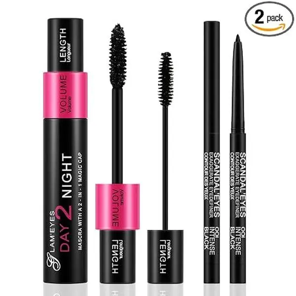 Black Volume Mascara & Eyeliner Pen Kit, Waterproof Smooth Eye Liner Gel, Lash Mascara Primer, Long Lasting Eye liner Pencil Cosmetic Set with Sharpener