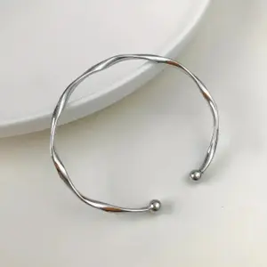Silver Stainless Steel Twisted Bangle Bracelet