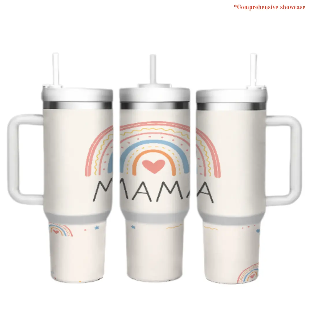 Mama Rainbow Heart 40oz Stainless Steel Tumbler with Handle and Straw, Cute Mom Gift Cup for Home Office Travel Outdoor Activities, Inspirational Mother’s Day Present, Family Love Drinkware for Women