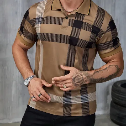 Men's Vintage Classic Plaid Print Short Sleeve Tee, Regular Fit Casual Retro Round Neck T-shirt for Daily Wear, Casual Everyday Wear, Men's Sleepwear & Loungewear for Summer, Top, Menswear, Casual Stylish Tee, Clothes Men, Short Sleeved