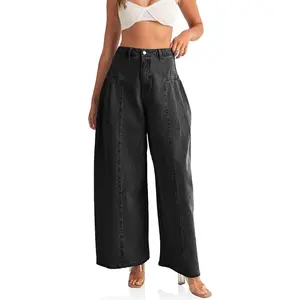 Imily Bela Womens Baggy High Waisted Jeans Loose Boyfriend Wide Leg Side Pleated Denim Pants