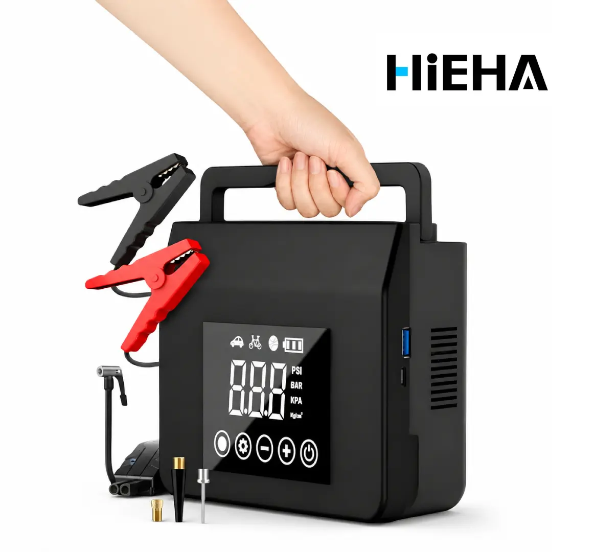 HIEHA 4-in-1 Portable Car Jump Starter with Air Compressor, 4000A Peak 15000mAh Battery Jumper, 150PSI Digital Tire Inflator, LED Flashlight & USB Power Bank, Emergency Roadside Kit for Cars, Trucks, SUVs & Bikes