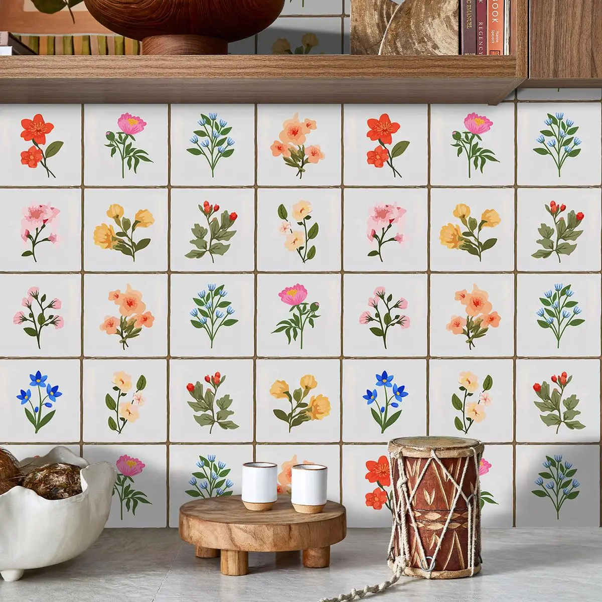 10pcs Multicolor Farmhouse Floral Decorative Wall Stickers, Floral Wall Decals, Self-Adhesive Peel & Stick Waterproof, Ideal for Kitchen Backsplash Bathroom Laundry Room Decor