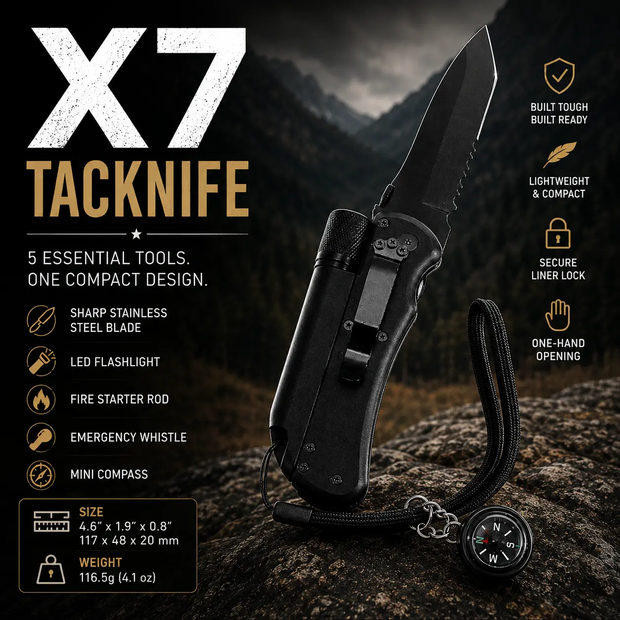 X7 Tacknife - Tactical knife for everyday carry, EDC knife, LED flashlight, fire starter, emergency whistle, belt clip, wriststrap and mini compass. Emergency preparedness knife