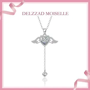 Delzzad S925 Heart Synthetic Moissanite Angel Wing Pendant Necklace