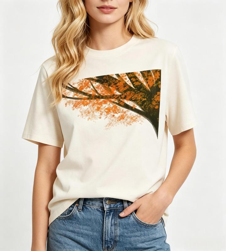Women's Comfortable Fabric Short-Sleeve Tee - Watercolor Autumn Tree Branch Print, Beige & Orange Fall Foliage, Fitted Casual Tops for Women, Beach Wear #sohochic