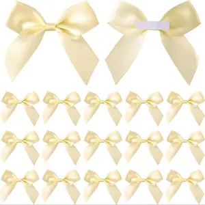 Beige Satin Ribbon Bows 2.76"x2.6'' Self Adhesive Satin Bows for Gift Wrapping Supplies Premade Ribbon Bows with Double-Sided Tape for Making Crafts Baby Shower Birthday Party Wedding Decorations, 15 Pcs