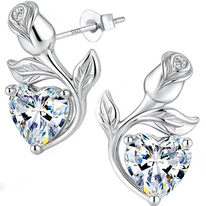 JACUPO 0.8ct Rose Heart Moissanite Earrings S925 Silver D VVS1 Birthstone Studs in Scented Forever Rose Gift Box